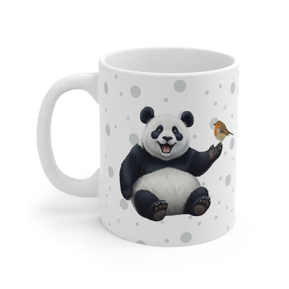 Panda Bear Mug with European Robin for Animal Lovers & Bird Watchers 11oz