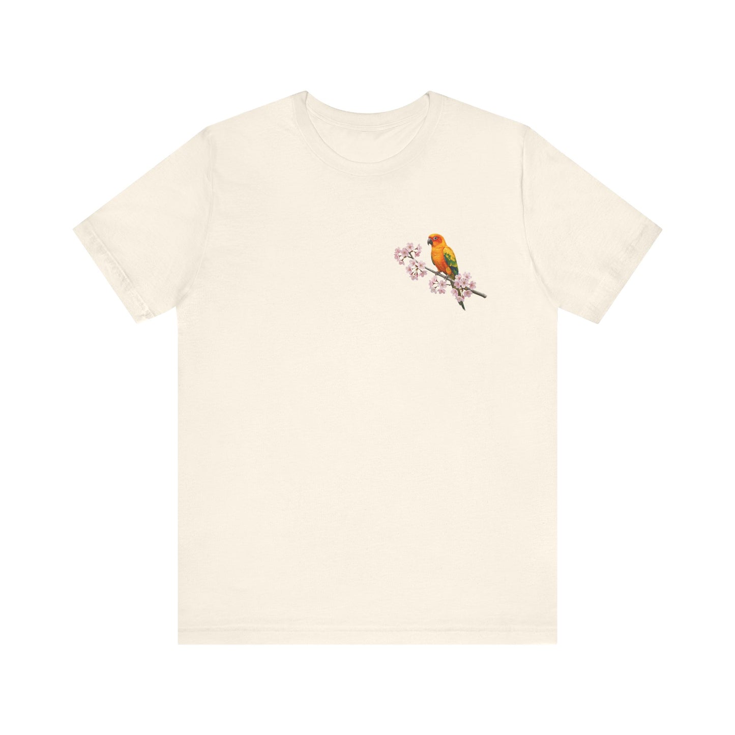 Sun Conure Cherry Blossom T-Shirt | Floral Spring Tee for Bird Lovers