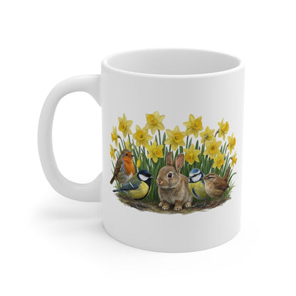 Kaninchen Rotkehlchen Meisen Zaunkönig mit Osterglocken Tasse - Oster-Geschenk für Vogelfreunde
