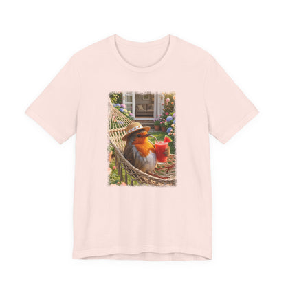 T-Shirt mit Rosi Rotkehlchen Motiv in der Hängematte für Vogelfreunde