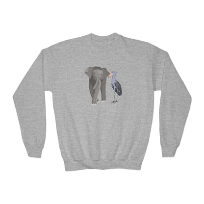 Elephant with Shoebill Bird Youth Crewneck Sweatshirt