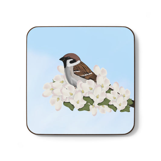 Tree Sparrow Apple Blossoms Hardboard Coaster