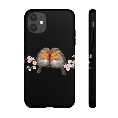 Rotkehlchen mit Kirschblüten Premium Handyhülle – Doppelt Geschützt & Rundum Bedruckt Schwarz