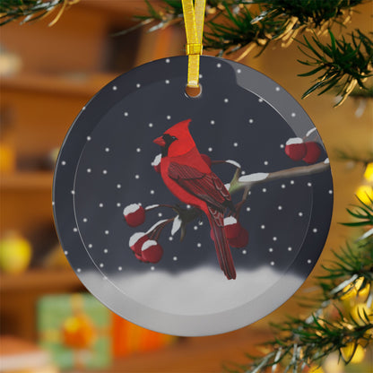 Cardinal on a Winter Branch Christmas Bird Glass Ornament