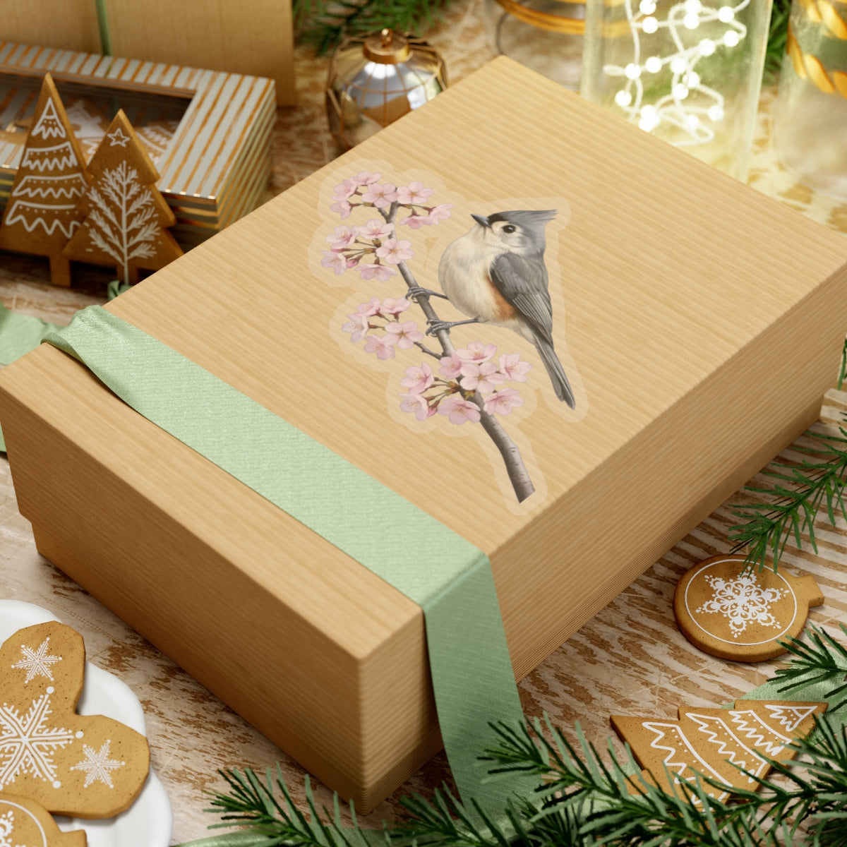 Tufted Titmouse Cherry Blossom Sticker | Glossy Floral Bird Decal | Spring Laptop Sticker
