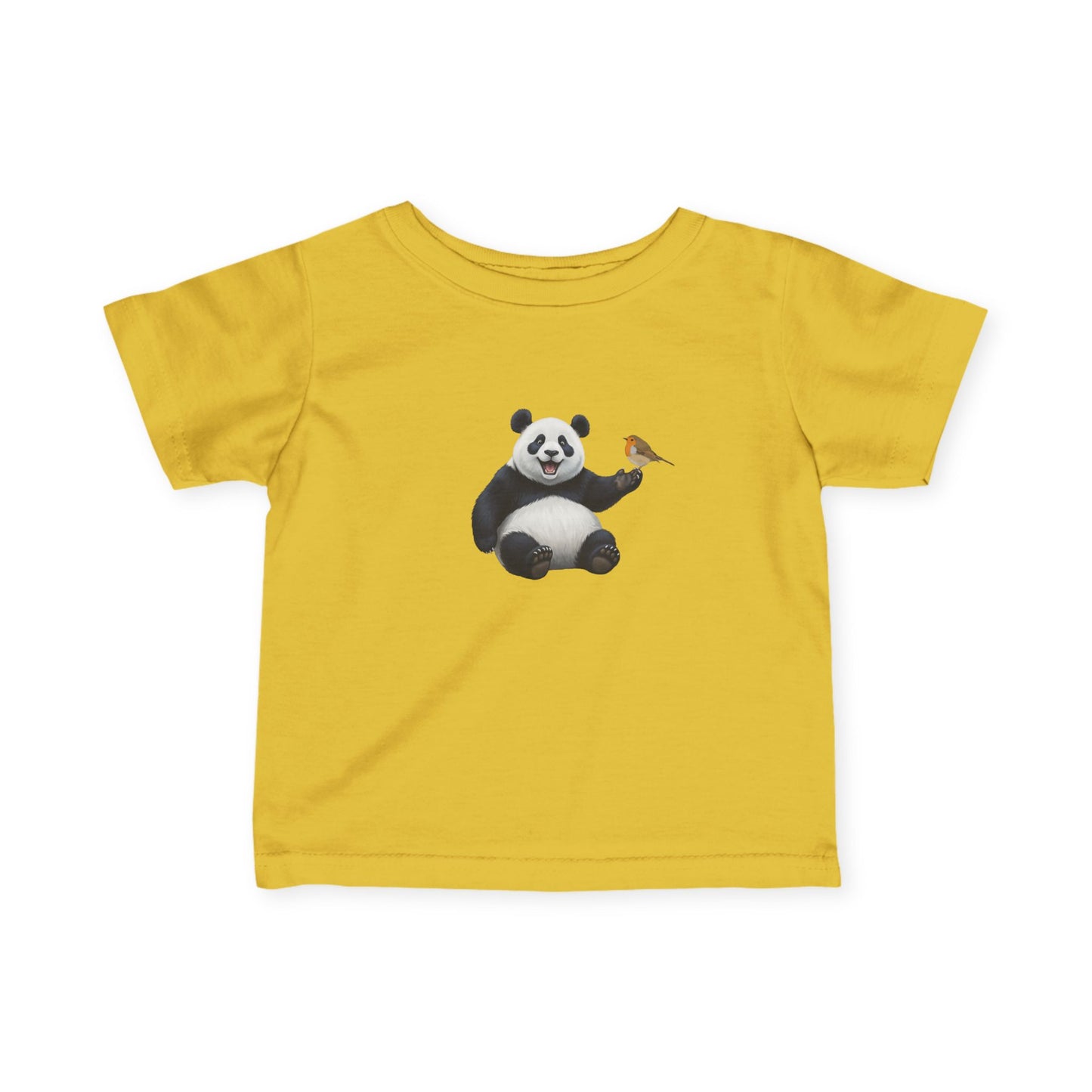 Fröhlicher Panda mit Rotkehlchen Vogel Tiermotiv T-Shirt für Babys und Kleinkinder