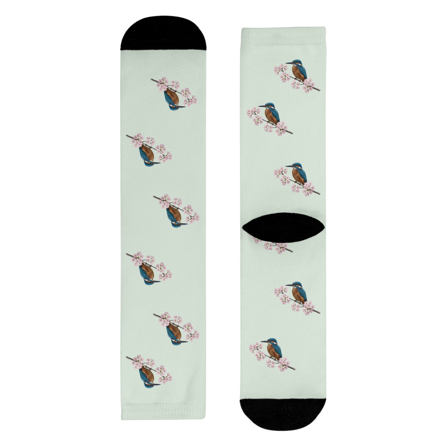 Eisvogel Socken – & Kirschblüten in Salbeigrün | Weiche Baumwollmix-Socken für Naturfreunde