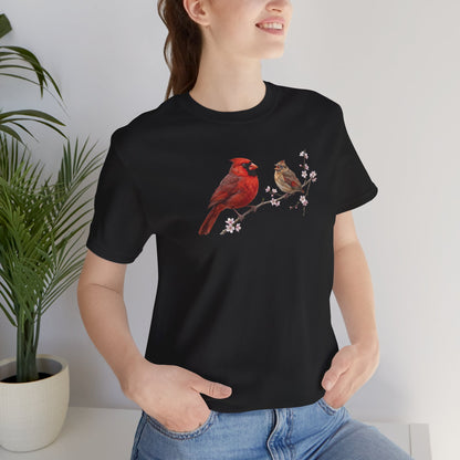 Northern Cardinal & Fledgling T-Shirt | Spring Blossoms Unisex Graphic Tee