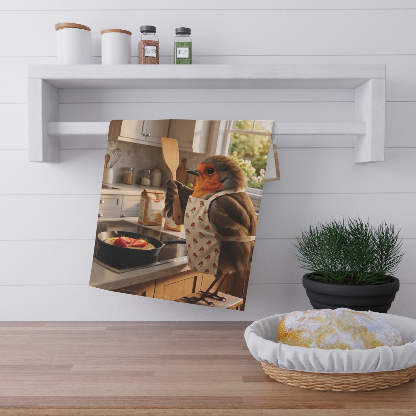 Robin Rosi Baking Pancakes Kitchen Tea Towel - Cozy Cottagecore Cotton Dish Cloth