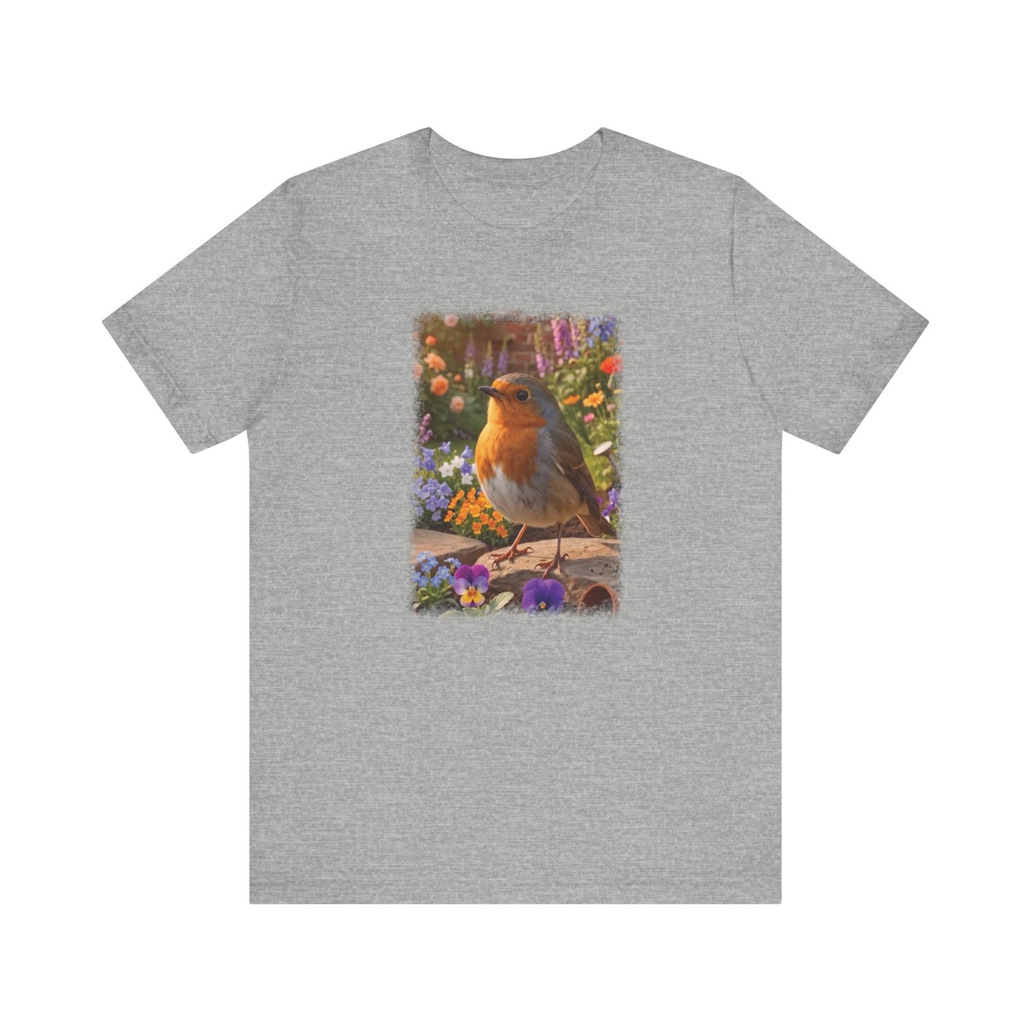 Robin Rosi in the Flower Bed T-Shirt - Cozy Backyard Birding Apparel