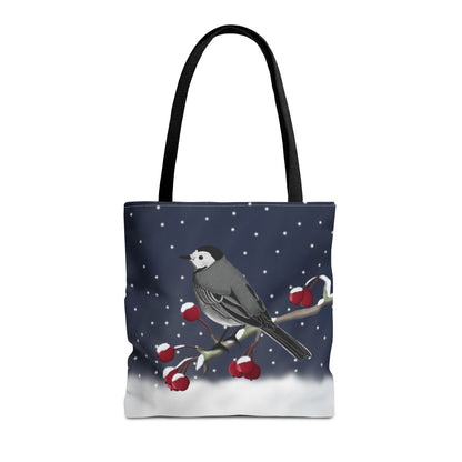 White Wagtail on a Winter Branch Christmas Bird Tote Bag 16"x16"