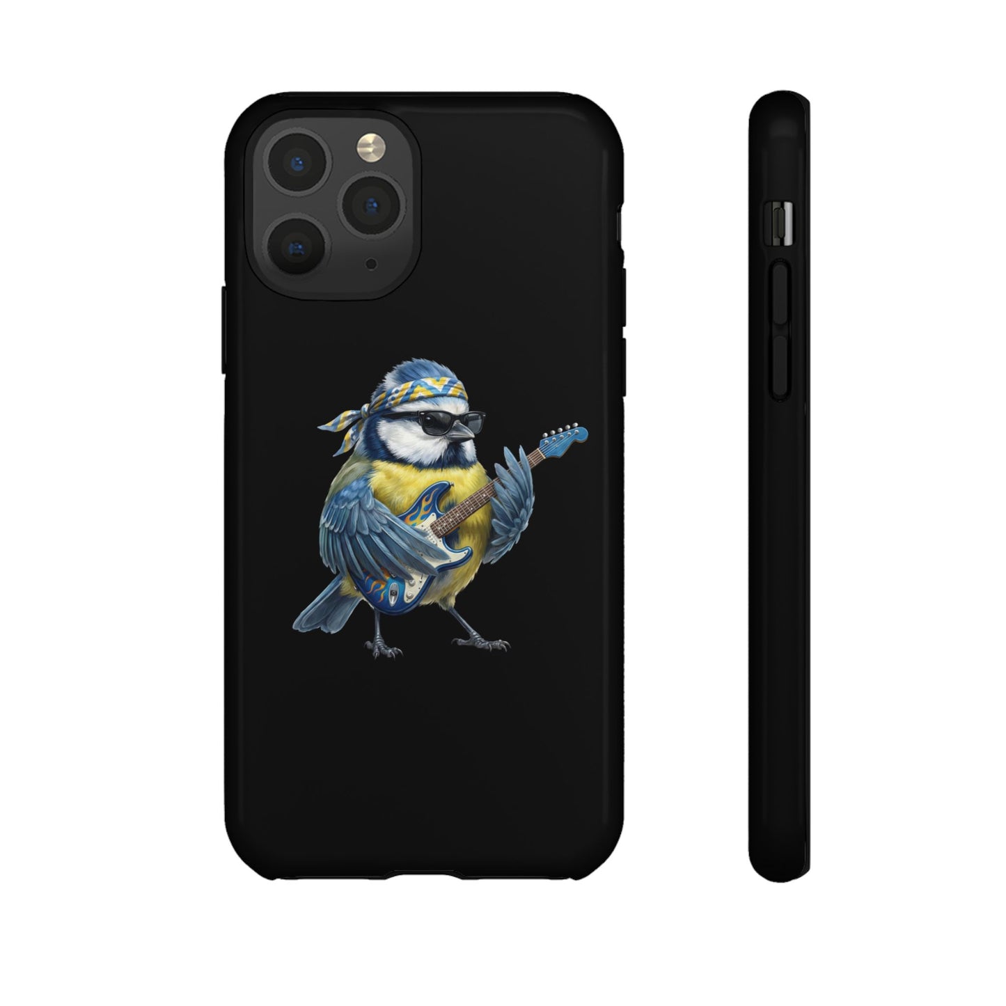 Blaumeise mit Gitarre Premium Handyhülle – Doppelt Geschützt & Rundum Bedruckt Schwarz