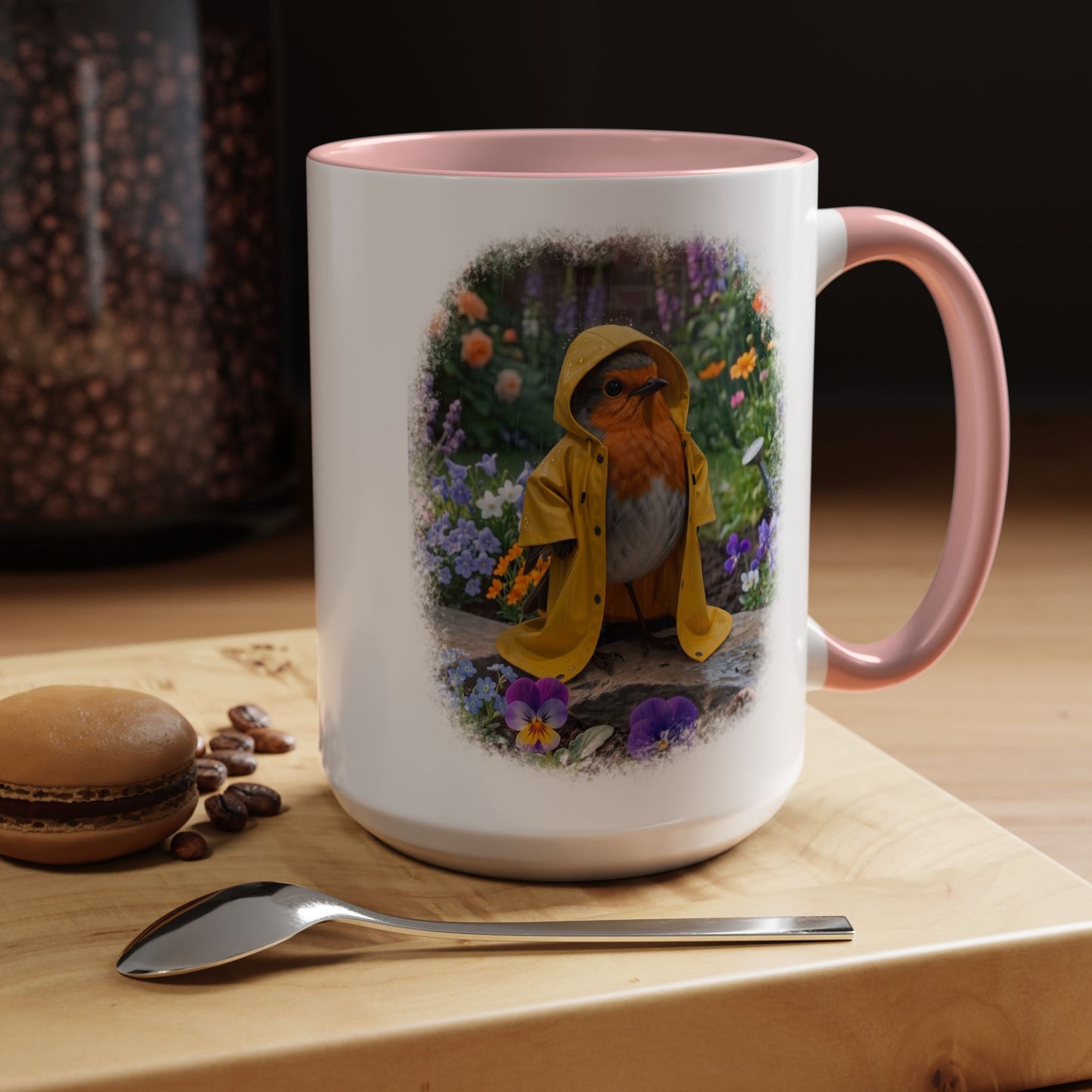 Robin Rosi Yellow Raincoat Garden Premium Mug for Bird Lovers