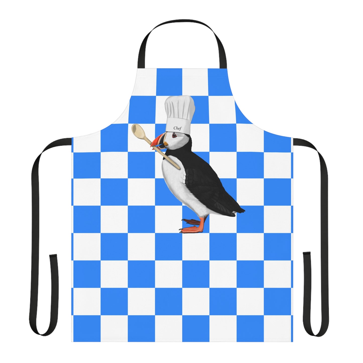 Puffin Kitchen Chef Bird Art Apron Blue and White Checkered
