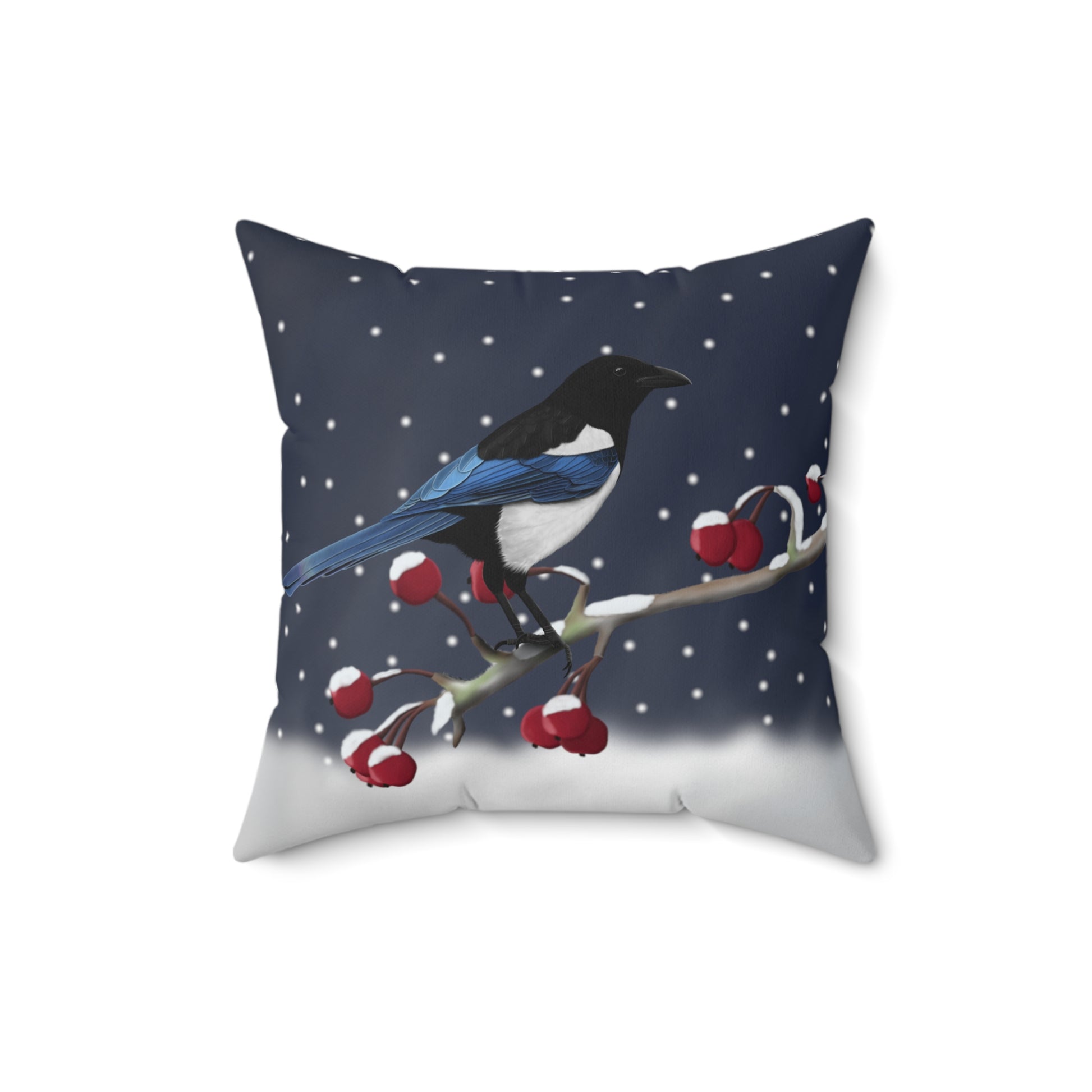 Magpie on a Winter Branch Christmas Bird Pillow