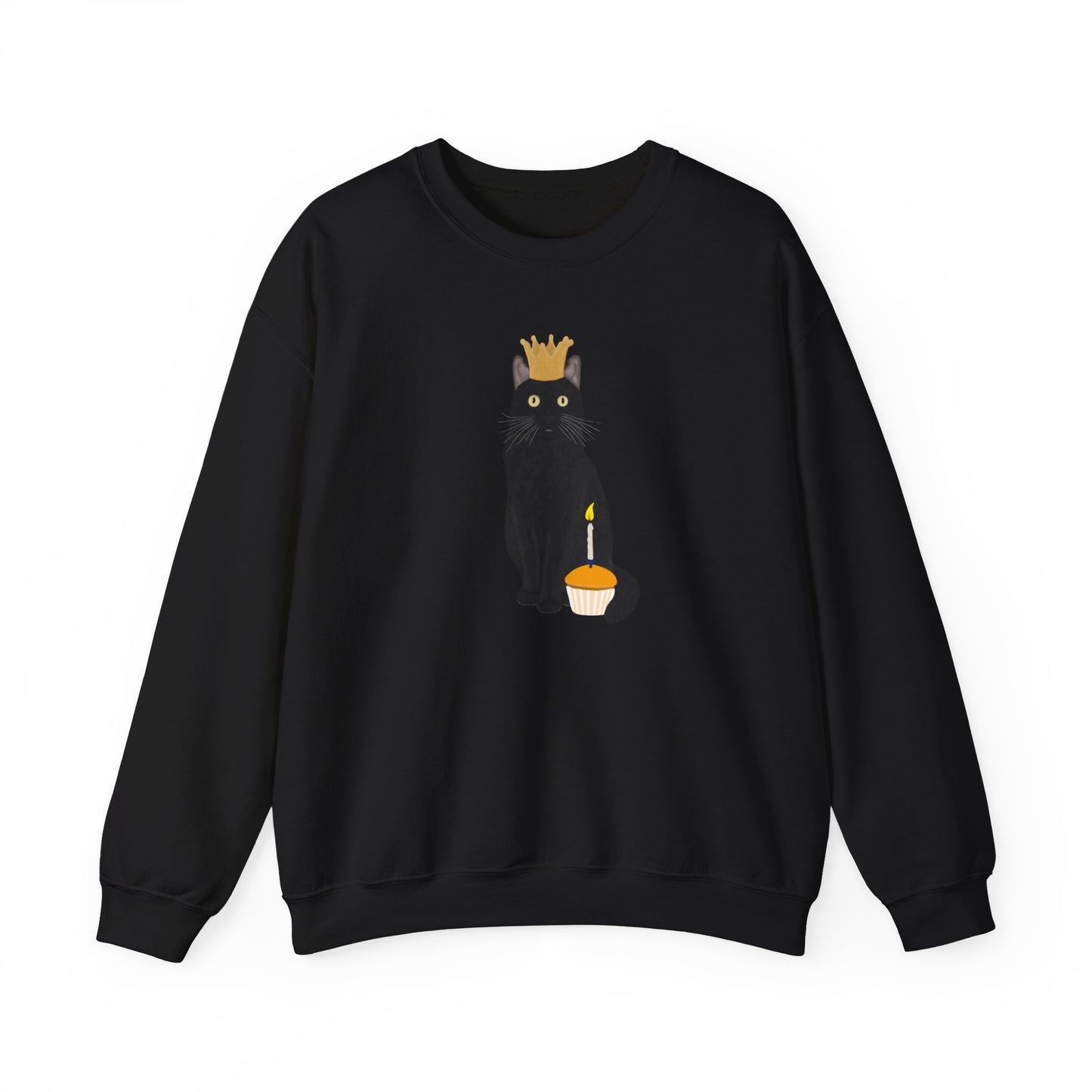 Black Birthday Cat with Muffin and Golden Crown Cat Lover Sweatshirt