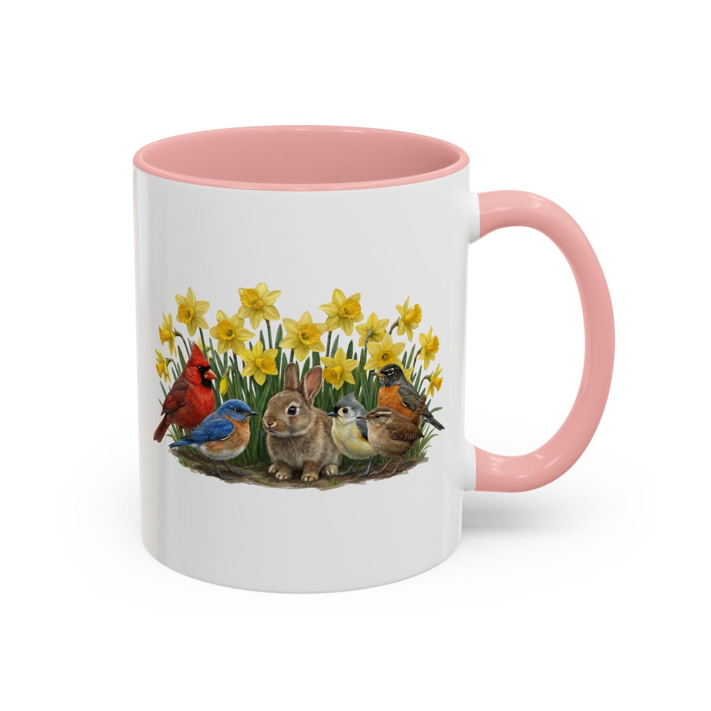 Spring Garden Coffee Mug – Cardinal, Bluebird & Bunny in Daffodils | Two-Tone Ceramic Cup (11oz & 15oz)