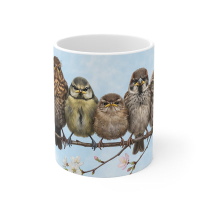 Amsel Rotkehlchen Eule Ästlinge Premium Keramiktasse | Geschenk für Vogelbeobachter