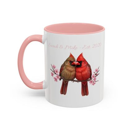 Personalized Cardinal Couple Mug – Cherry Blossom Design with Custom Names (Pink Accent)