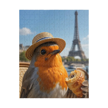 A completed jigsaw puzzle featuring a robin wearing a straw hat and holding a croissant, with the Eiffel Tower in the background under a blue sky.