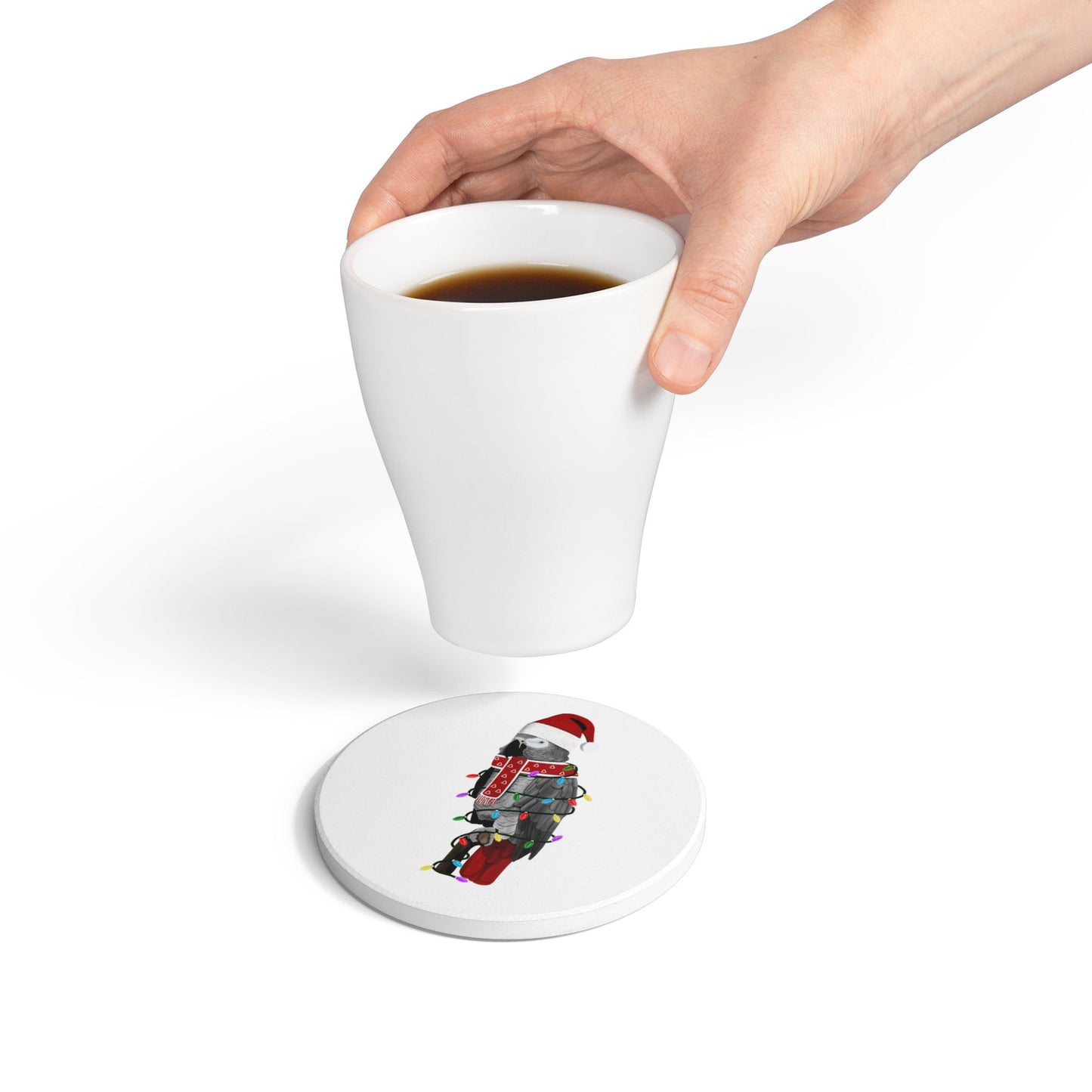 Keramik-Untersetzer Graupapagei als Weihnachtsmann mit Lichterkette Weihnachtliches Vogel-Motiv