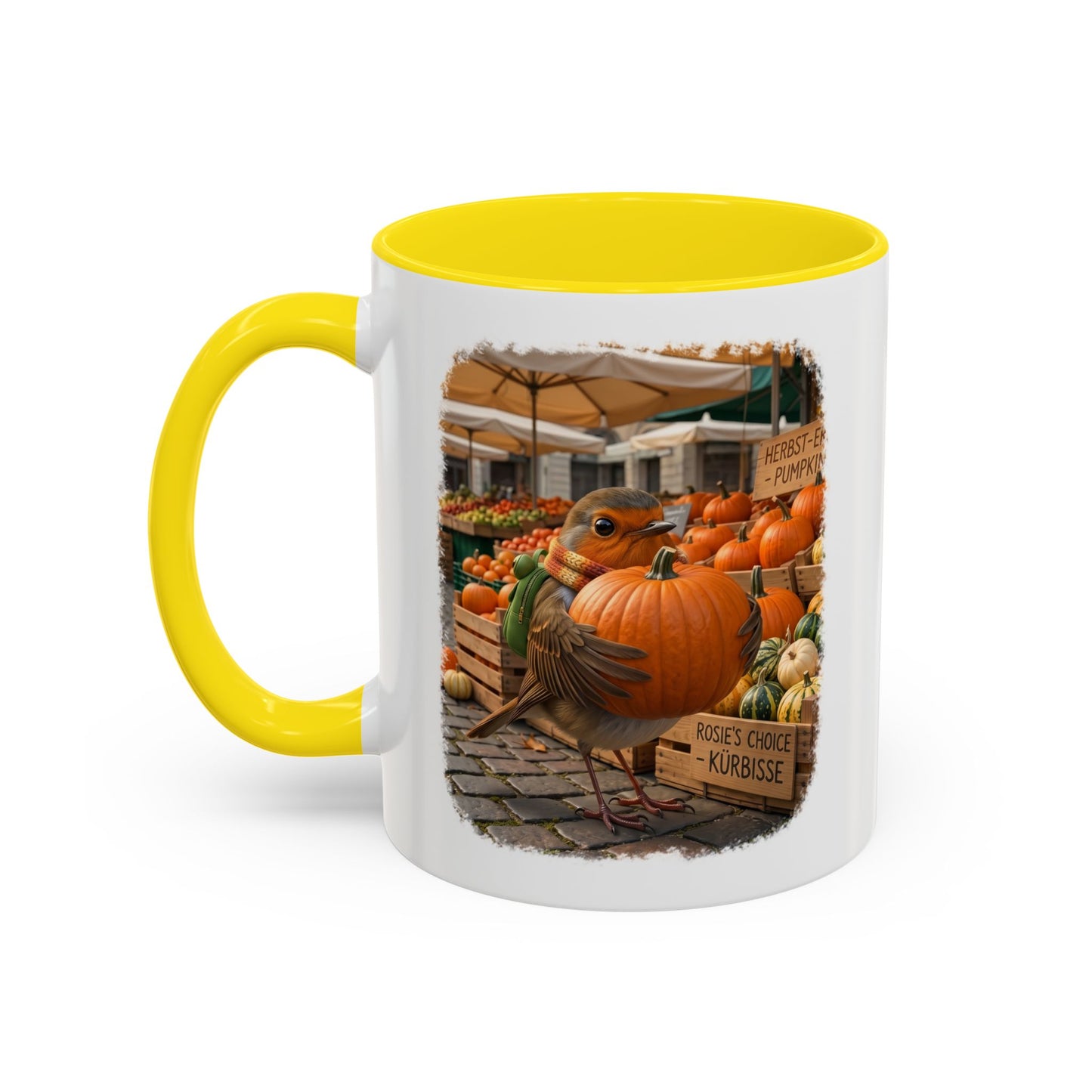 Premium Keramiktasse Rosi Rotkehlchen & der Riesen-Kürbis | 330 ml | Lustiges Geschenk für Vogelfreunde