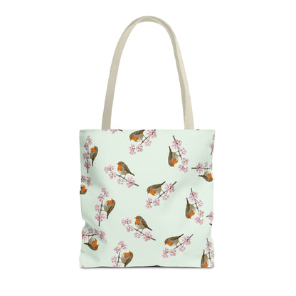 Rotkehlchen & Kirschblüten Tragetasche in Salbeigrün | Stofftasche & Geschenk für Vogelbeobachter