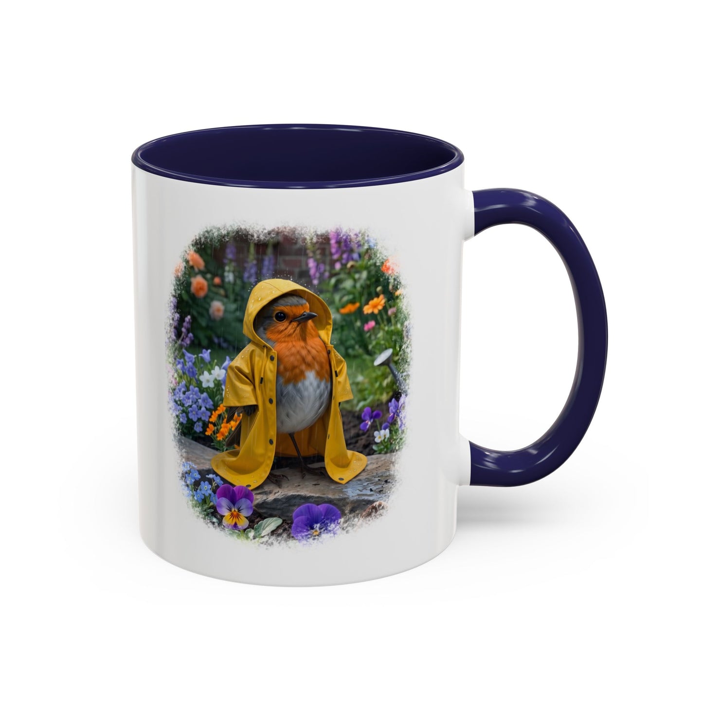 Robin Rosi Yellow Raincoat Garden Premium Mug for Bird Lovers