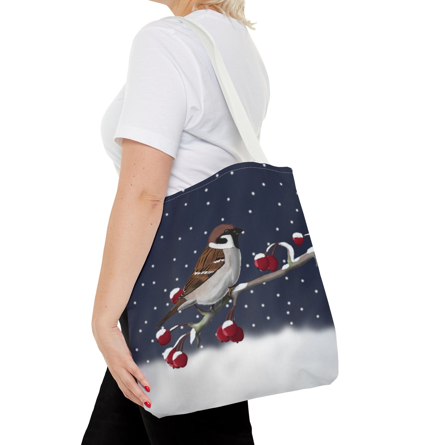 Tree Sparrow on a Winter Branch Christmas Bird Tote Bag 16"x16"