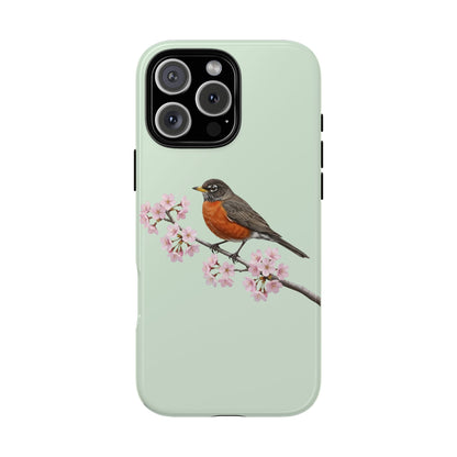 Wanderdrossel Handyhülle in Salbeigrün | Florales Kirschblüten Vogel-Motiv für iPhone & Google Pixel