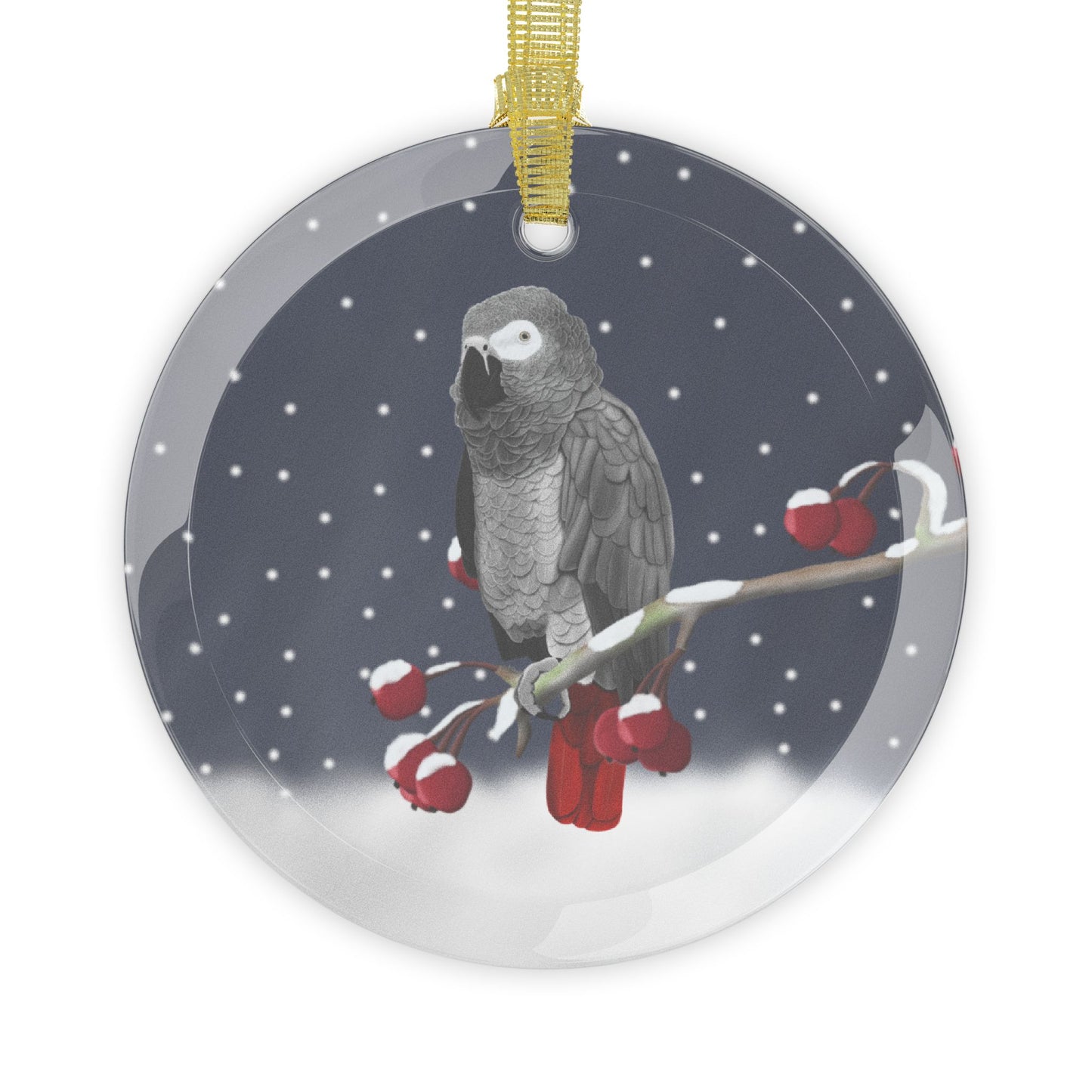 Grey Parrot on a Winter Branch Christmas Bird Glass Ornament