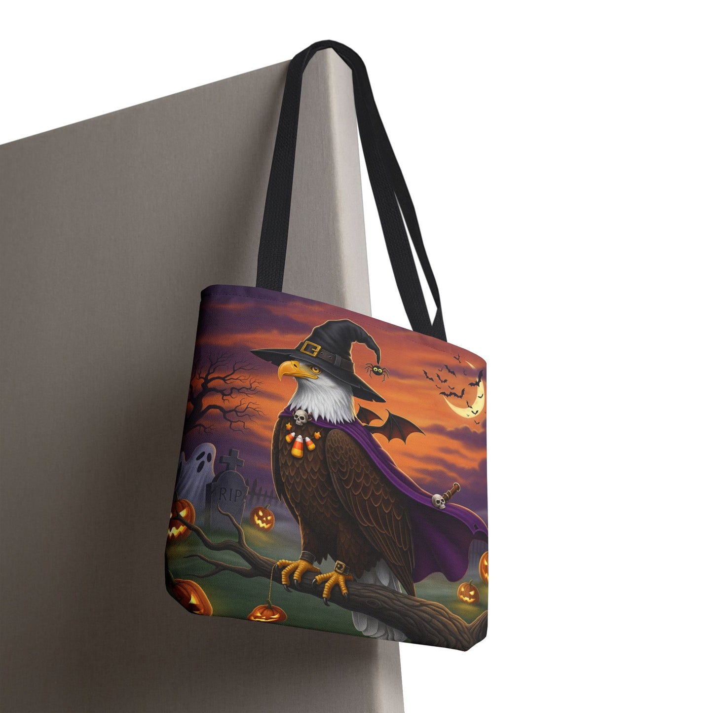 Halloween Bald Eagle Tote Bag: Purple Cape & Witch Hat | 16"x16" Polyester | Bird Decor Accessory