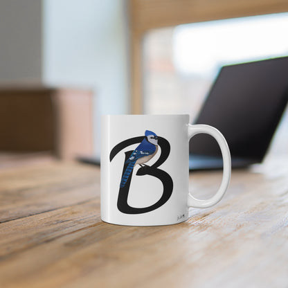 Blue Jay Letter B Bird Ceramic Mug 11oz White