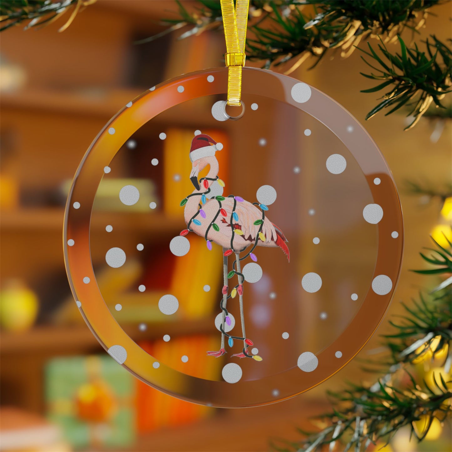 Flamingo as Santa Claus with Fairy Lights Christmas Glass Ornament