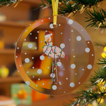 Flamingo as Santa Claus with Fairy Lights Christmas Glass Ornament