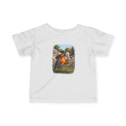 A white short-sleeve baby t-shirt with a colorful graphic print of a robin bird and a ice cream cone on the front, displayed against a solid white background.