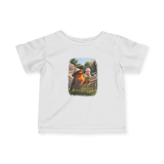 A white short-sleeve baby t-shirt with a colorful graphic print of a robin bird and a ice cream cone on the front, displayed against a solid white background.
