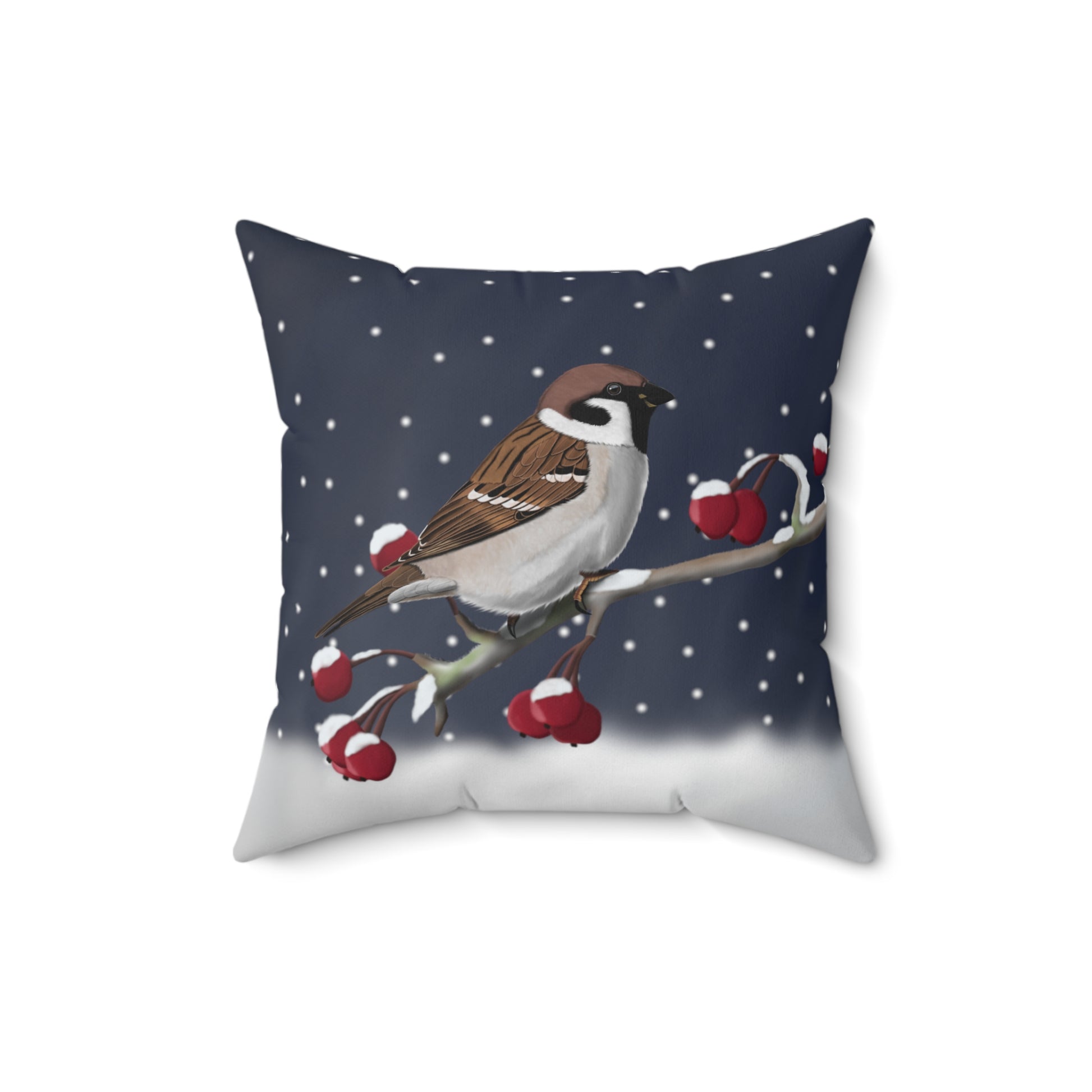 Tree Sparrow on a Winter Branch Christmas Bird Pillow