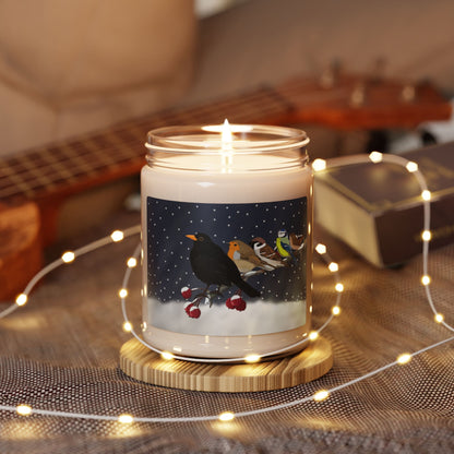 Blackbird European Robin Wren on a Winter Branch Christmas Bird Art Scented Soy Candle, 9oz