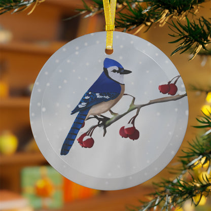 Blue Jay Snow Bird Christmas Glass Ornament White