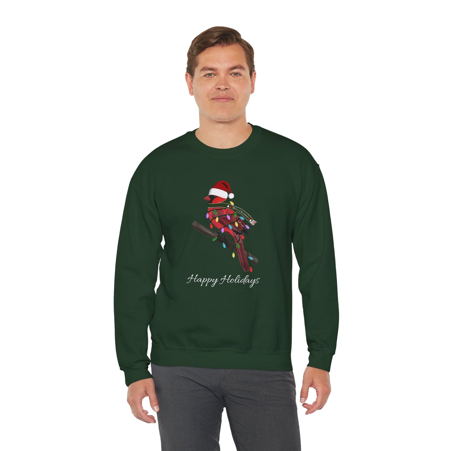 Cardinal with Fairy Lights as Santa Happy Holidays Birdwatcher Christmas Bird Sweatshirt