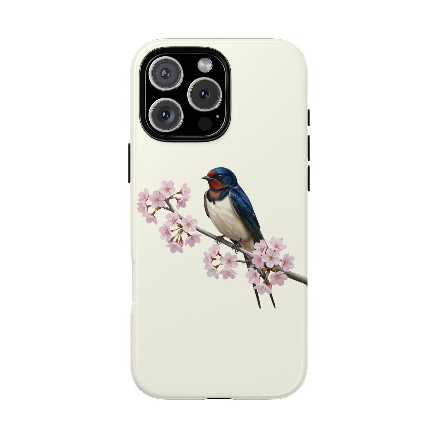 Rauchschwalbe Handyhülle in Cremeweiß | Florales Kirschblüten Vogel-Motiv für iPhone & Google Pixel