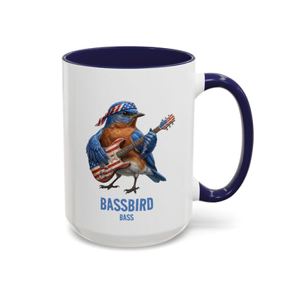 Mug with a design of a bird playing a bass guitar, wearing an American flag bandana, on a white background.