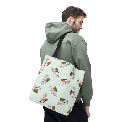 Rotkehlchen & Kirschblüten Tragetasche in Salbeigrün | Stofftasche & Geschenk für Vogelbeobachter