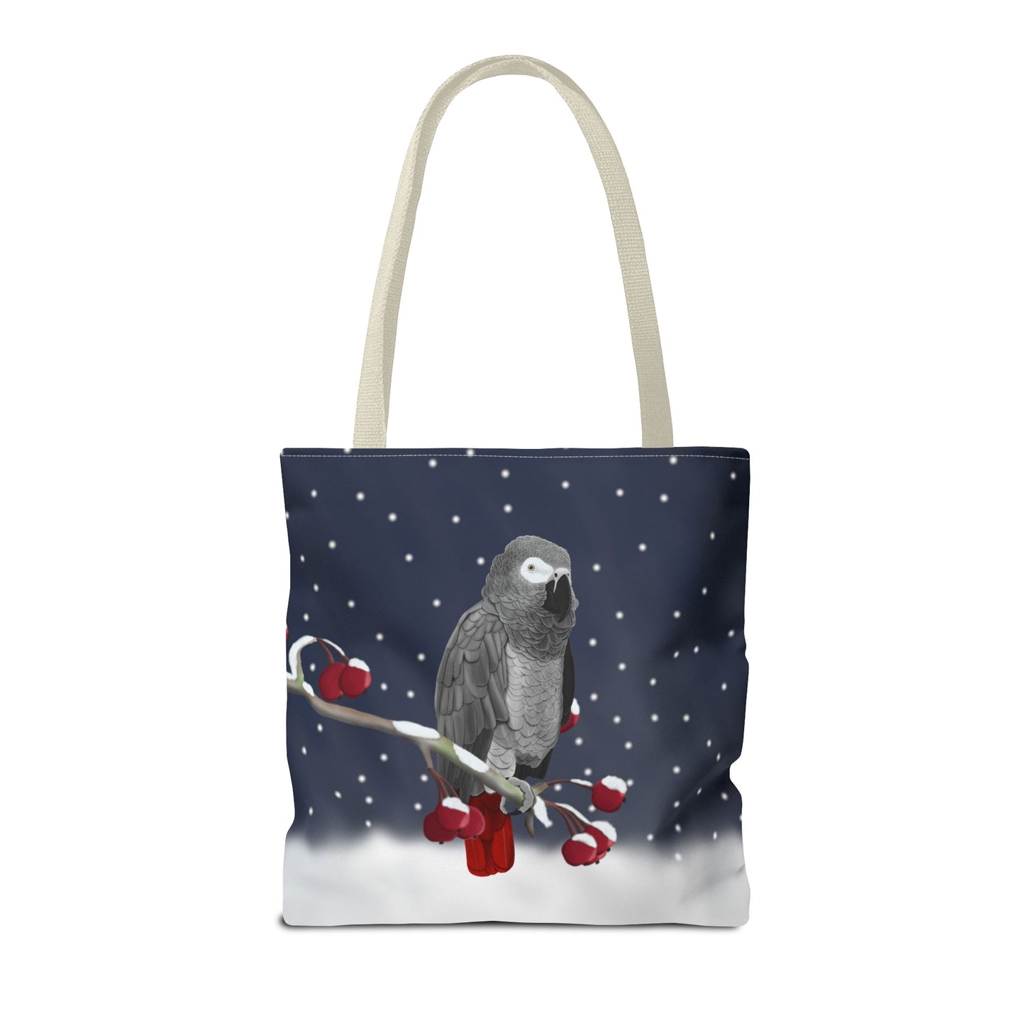 Grey Parrot on a Winter Branch Christmas Bird Tote Bag 16"x16"