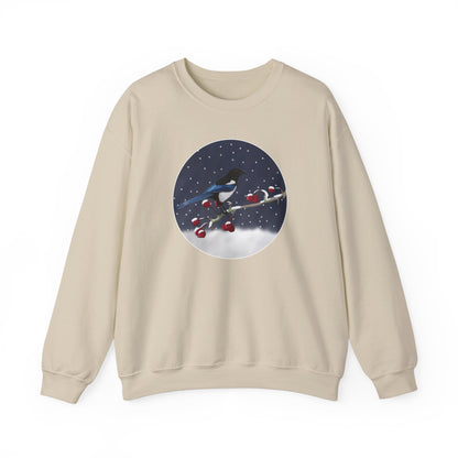 Magpie on a Winter Branch Christmas Bird Sweatshirt