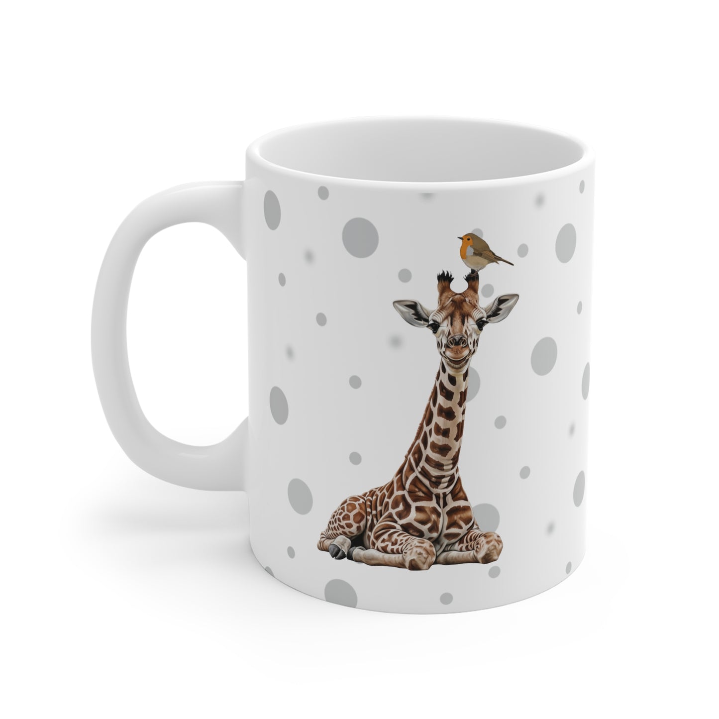Rotkehlchen mit einer Baby Giraffe Vogel Tiermotiv Tasse Punkte Grau
