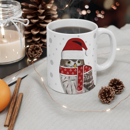 Owl with Red Santa Hat and Scarf Christmas Bird Ceramic Mug 11oz