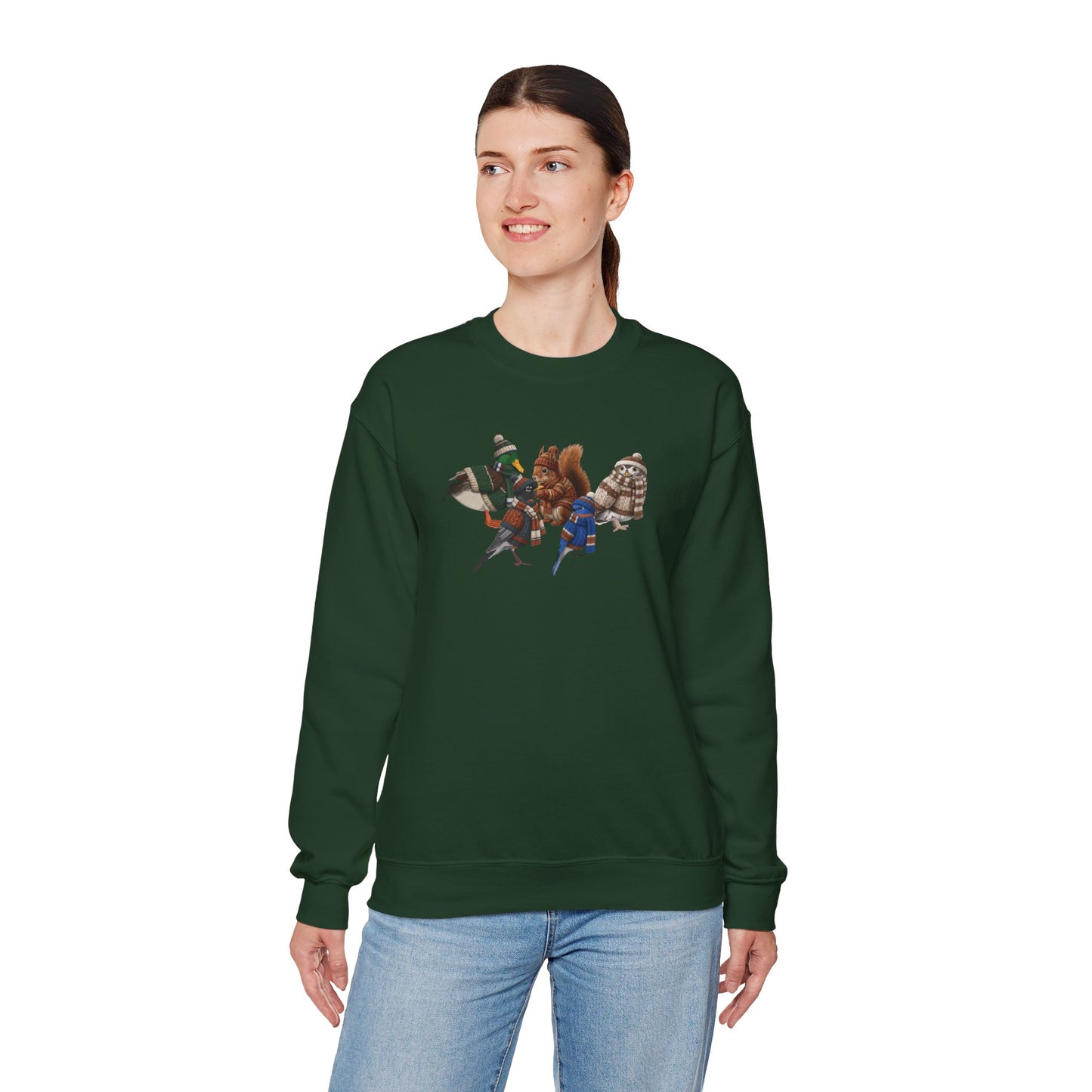 Cozy Winter Crewneck: Backyard Birds & Squirrel in Knitwear