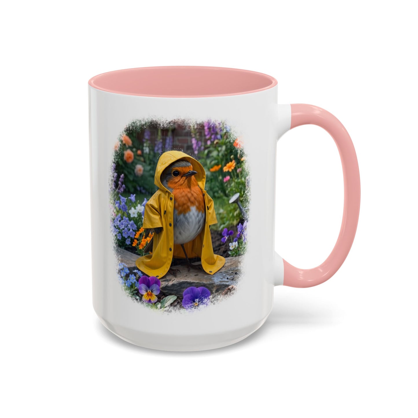 Robin Rosi Yellow Raincoat Garden Premium Mug for Bird Lovers